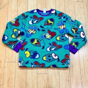 Disney Parks Donald Print Multi Color Sherpa Fleece Pullover Sweater Unisex Sz L